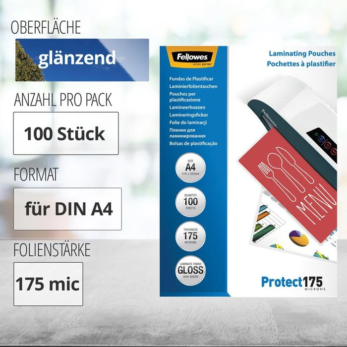 Fellowes Laminierfolien 53087, DIN A4, 175 Mic, Glänzend, 100 Stück 4 Fellowes Laminierfolien 53087, DIN A4, 175 Mic, Glänzend, 100 Stück – Bild 2