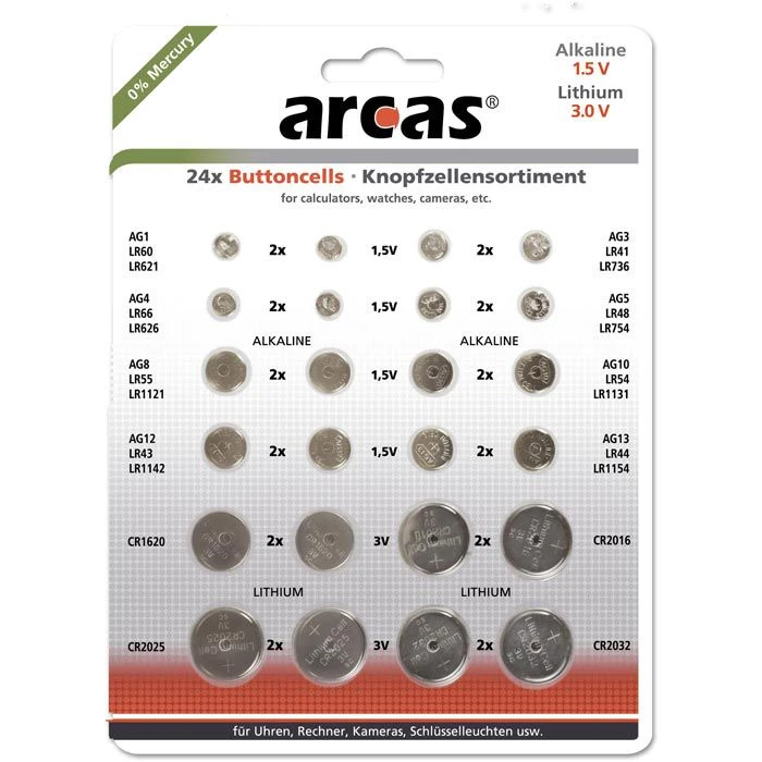 Arcas Knopfzelle Set 24-teilig, AG1/3/4/5/8/10/12/13, CR1620/2016/2025/2032 3 Arcas Knopfzelle Set 24-teilig, AG1/3/4/5/8/10/12/13, CR1620/2016/2025/2032
