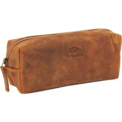 Almadih Federmäppchen Max, Schlamperrolle, Braun Vintage, Echt Leder