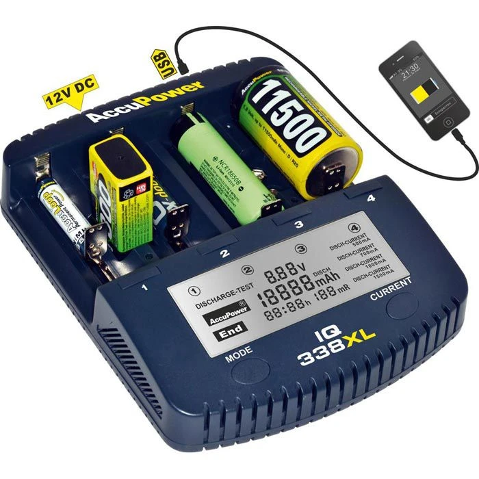 AccuPower Akku-Ladegerät IQ-338XL Li-Ion, Schnelllader, USB, LC-Display 3 AccuPower Akku-Ladegerät IQ-338XL Li-Ion, Schnelllader, USB, LC-Display